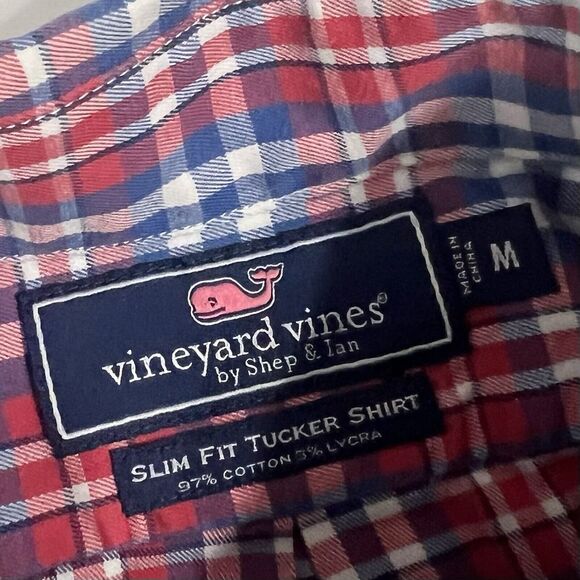 Vineyard Vines Men's Medium Slim Fit Tucker Red Plaid Long Sleeve Button Down - Picture 4 of 5